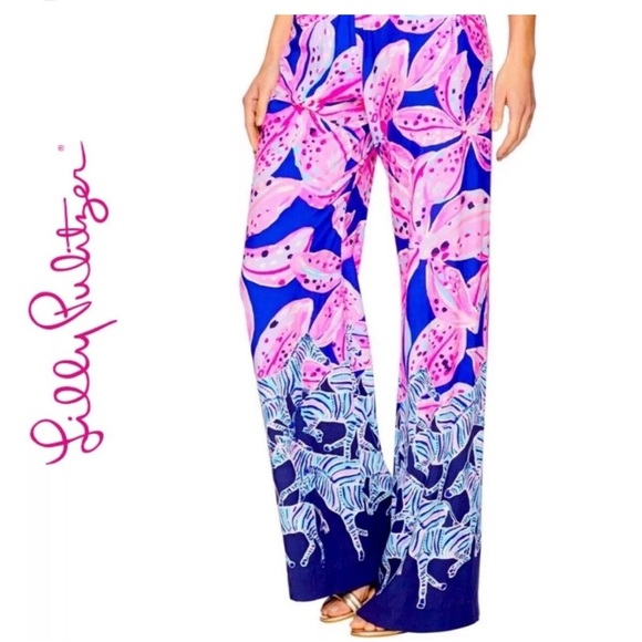 Lilly Pulitzer Pink and Blue zebra Floral Pants - Picture 1 of 13